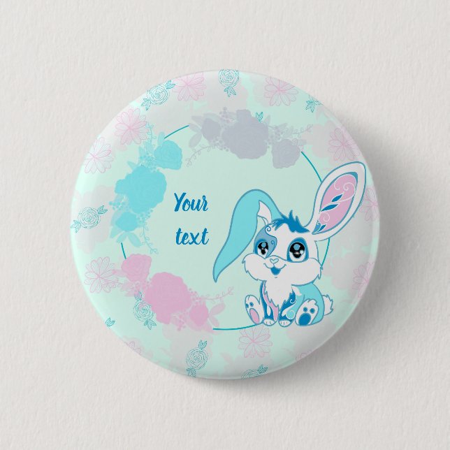 Personalized Bunny  Cute Blue Kawaii Button (Front)