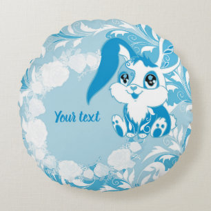 Personalized Bunny Cute Blue Kawaii Round Pillow