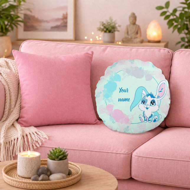 Personalized Bunny  Cute Blue Kawaii Round Pillow (Creator Uploaded)