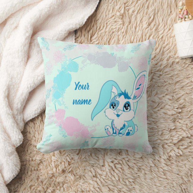 Personalized Bunny  Cute Blue Kawaii Throw Pillow (Blanket)