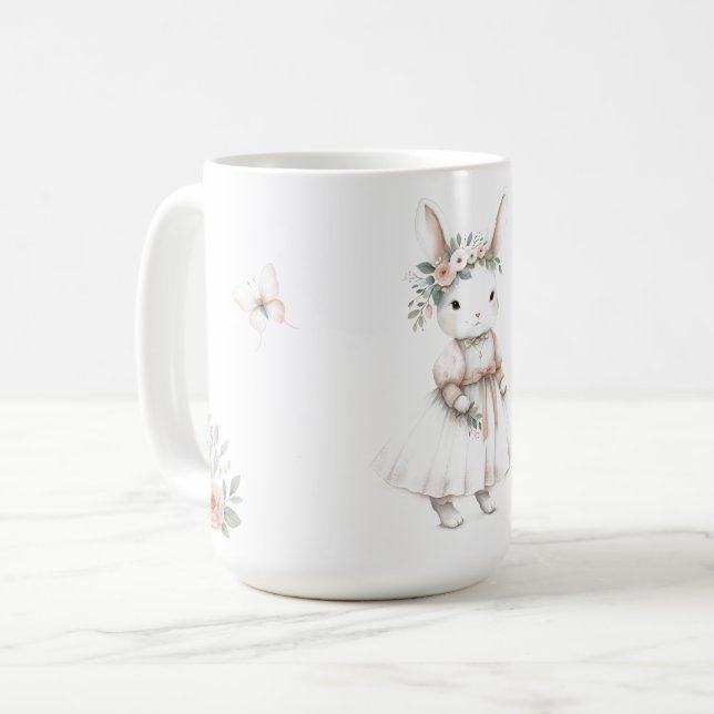 Personalized Bunny Floral Crown Art Coffee Mug (Front Left)