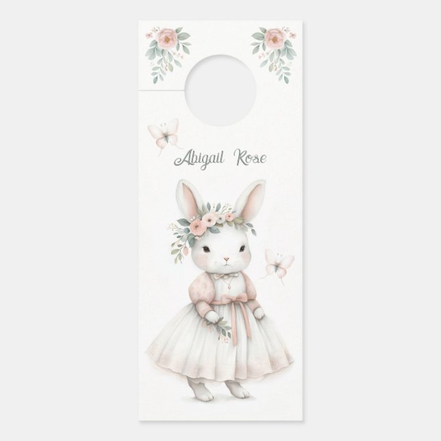 Personalized Bunny Floral Crown Art Door Hanger (Front)