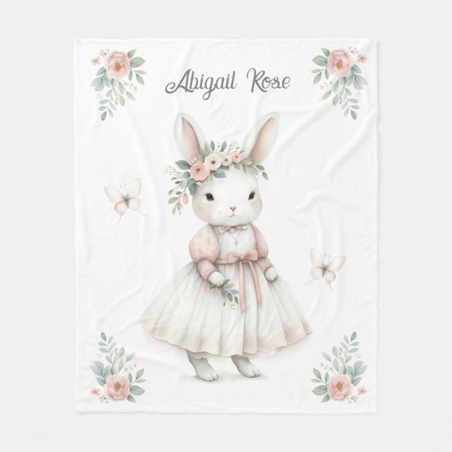 Personalized Bunny Floral Crown Art Fleece Blanket (Front)