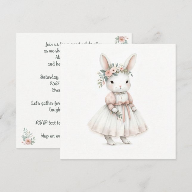 Personalized Bunny Floral Crown Art Invitation (Front/Back)