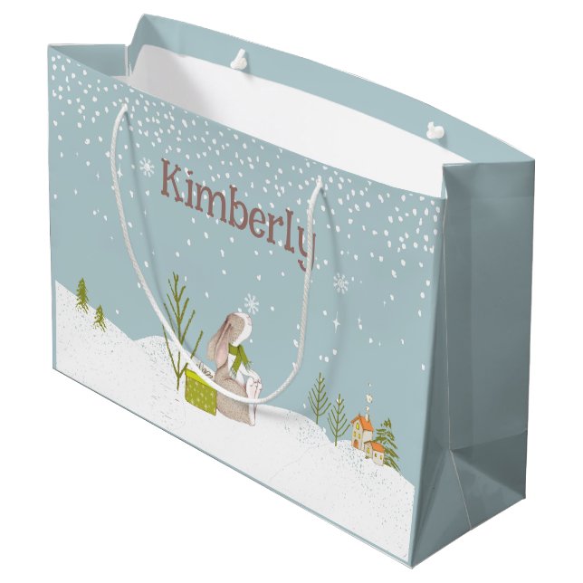 Personalized Bunny in the Snow Christmas Large Gift Bag (Back Angled)
