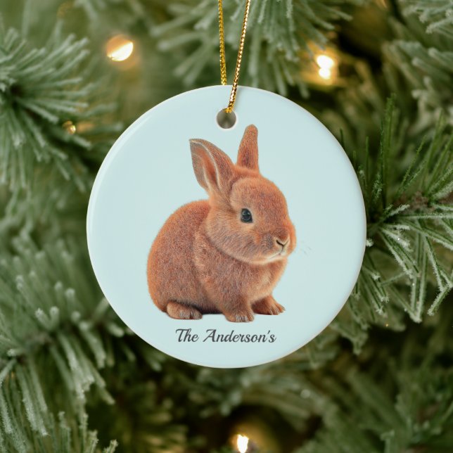 Personalized Bunny on Light Blue Ceramic Ornament (Tree)