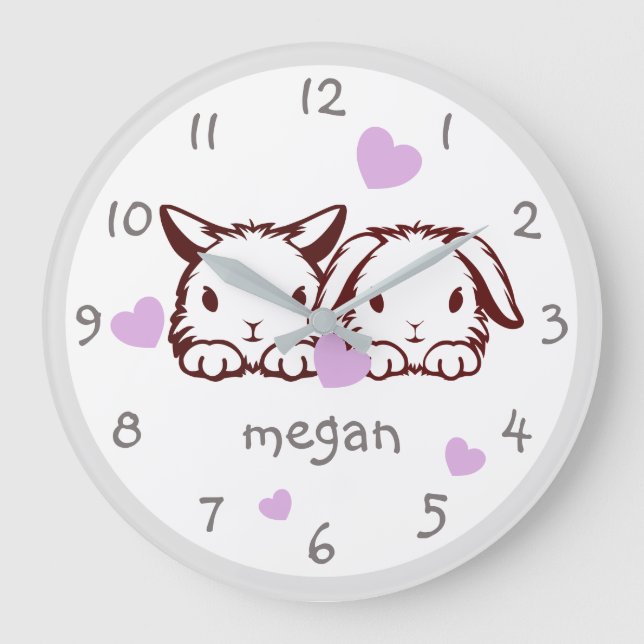 Personalized Bunny Purple Heart Nursery Wall Clock (Front)