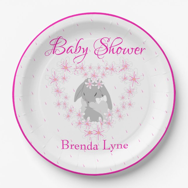 Personalized Bunny Rabbit Girl Pink Baby Shower Paper Plates (Front)