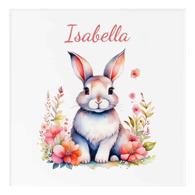 Personalized Bunny Rabbit in Pink Flowers Acrylic Print (Front)