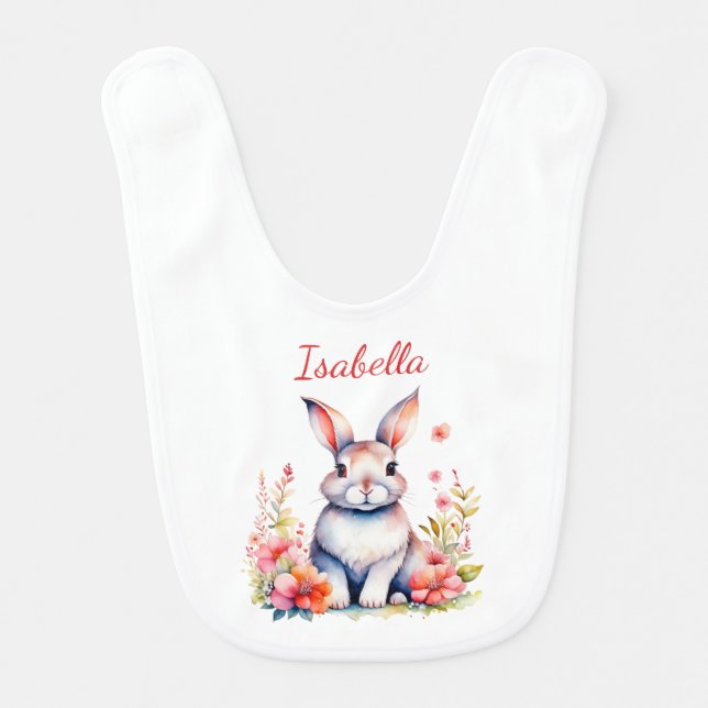 Personalized Bunny Rabbit in Pink Flowers Baby Bib (Front)