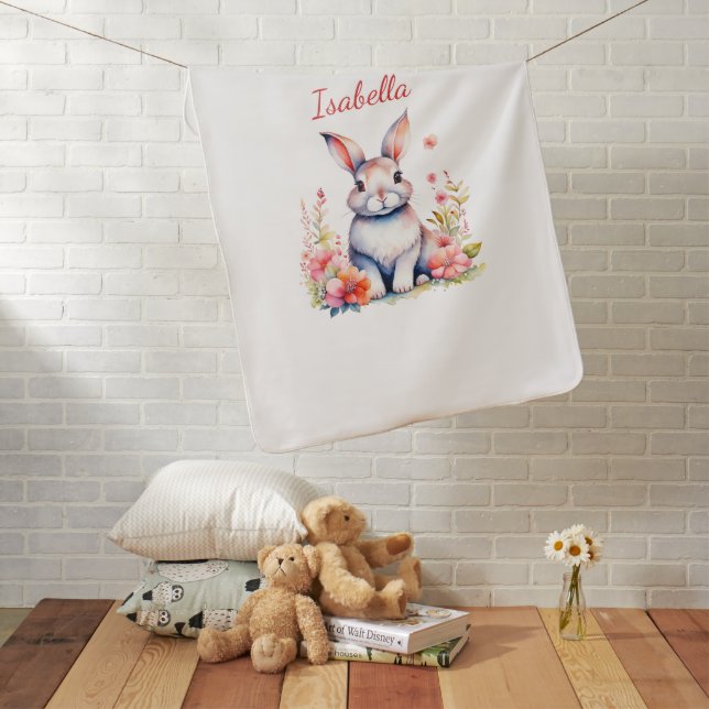 Personalized Bunny Rabbit in Pink Flowers Baby Blanket (In Situ)