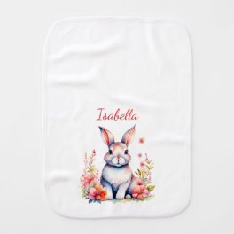 Personalized Bunny Rabbit in Pink Flowers Baby Burp Cloth