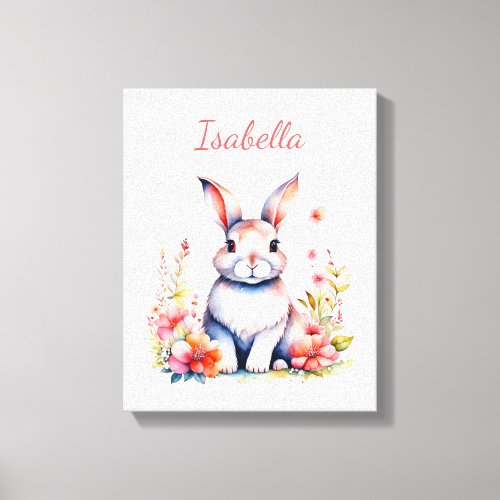 Personalized Bunny Rabbit in Pink Flowers Canvas Print