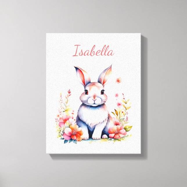 Personalized Bunny Rabbit in Pink Flowers Canvas Print (Front)