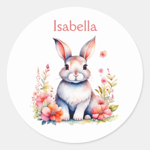 Personalized Bunny Rabbit in Pink Flowers Classic Round Sticker