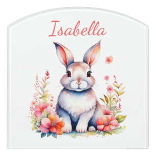 Personalized Bunny Rabbit in Pink Flowers Door Sign