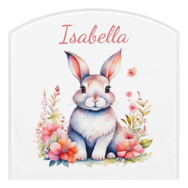 Personalized Bunny Rabbit in Pink Flowers Door Sign (Contour Front)