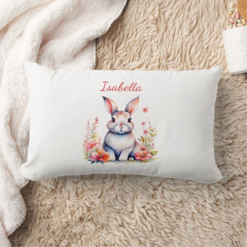 Personalized Bunny Rabbit in Pink Flowers Lumbar Pillow