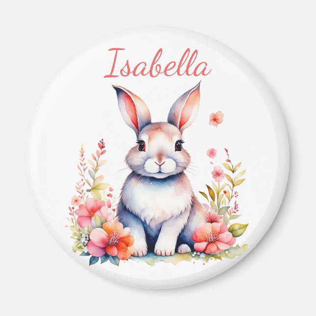 Personalized Bunny Rabbit in Pink Flowers Magnet (Front)