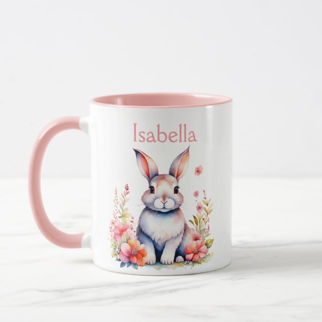 Personalized Bunny Rabbit in Pink Flowers Mug (Left)