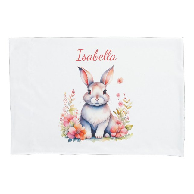 Personalized Bunny Rabbit in Pink Flowers Pillow Case (Front)