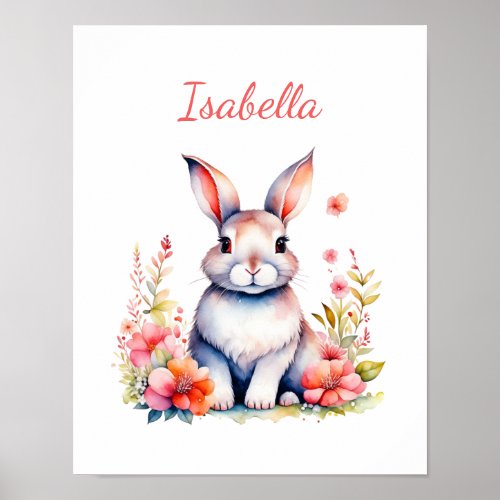 Personalized Bunny Rabbit in Pink Flowers Poster