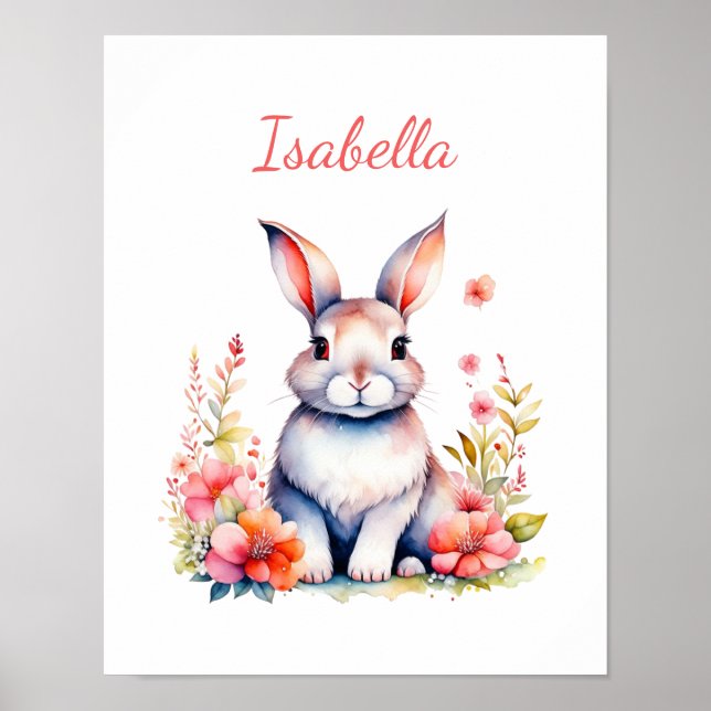 Personalized Bunny Rabbit in Pink Flowers Poster (Front)