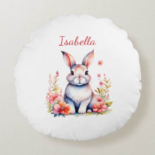 Personalized Bunny Rabbit in Pink Flowers Round Pillow