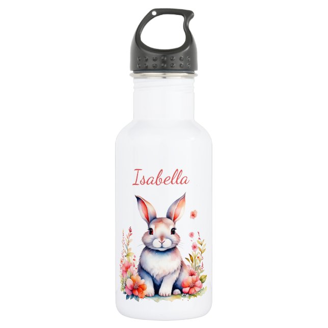 Personalized Bunny Rabbit in Pink Flowers Stainless Steel Water Bottle (Front)