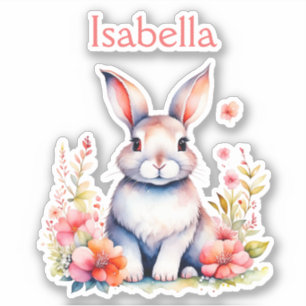 Personalized Bunny Rabbit in Pink Flowers Sticker