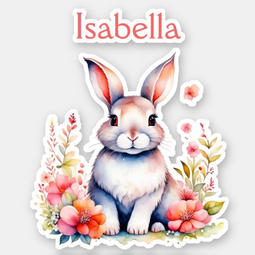 Personalized Bunny Rabbit in Pink Flowers Sticker