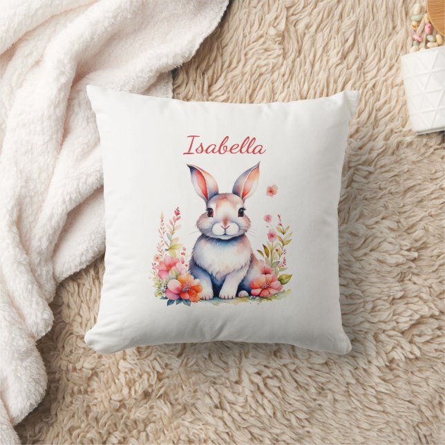 Personalized Bunny Rabbit in Pink Flowers Throw Pillow (Blanket)