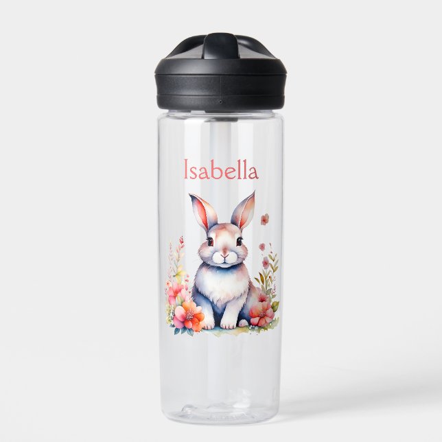 Personalized Bunny Rabbit in Pink Flowers Water Bottle (Front)