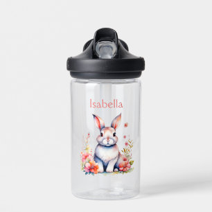 Personalized Bunny Rabbit in Pink Flowers Water Bottle