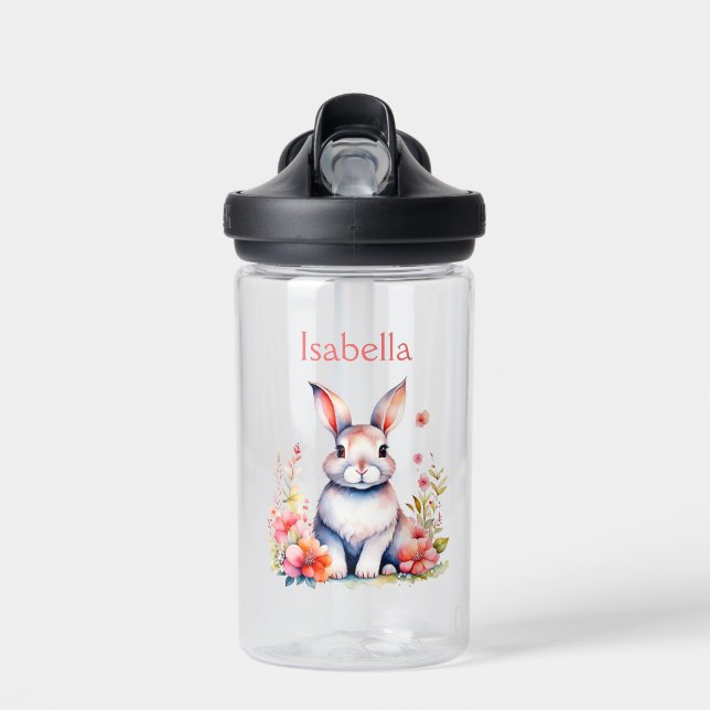 Personalized Bunny Rabbit in Pink Flowers Water Bottle (Front)