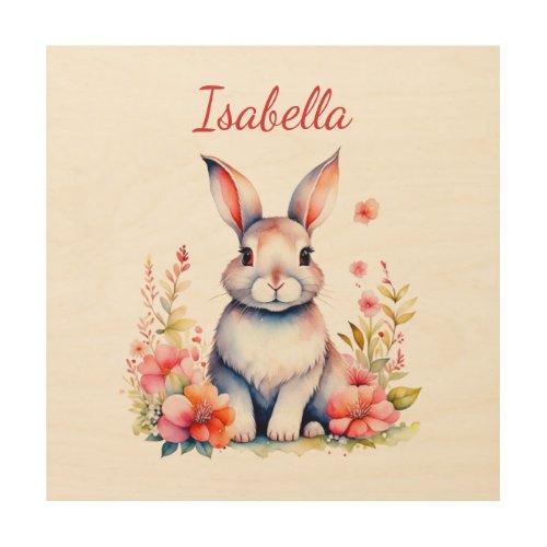Personalized Bunny Rabbit in Pink Flowers Wood Wall Art