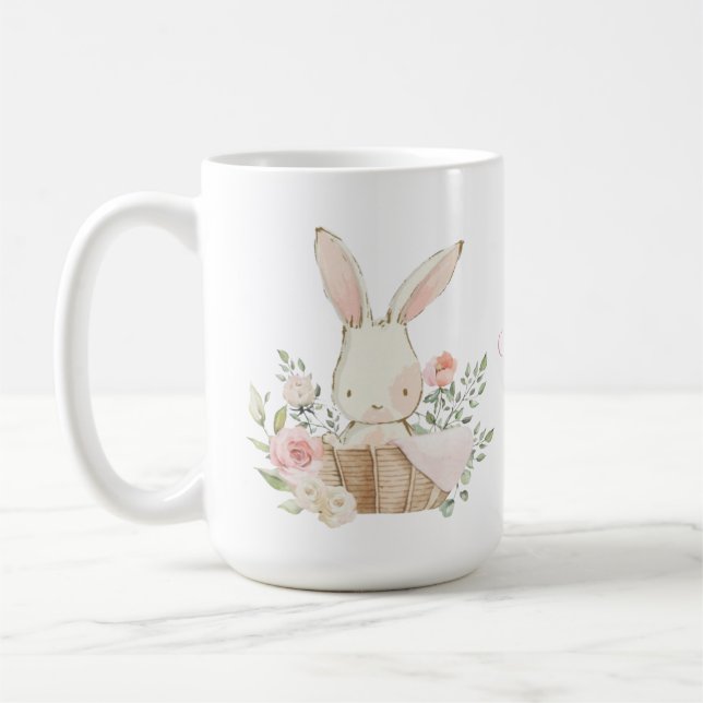Personalized Bunny Rabbit Pastel Flowers Coffee Mug (Left)