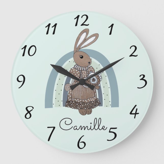 Personalized Bunny Rainbow Blue Nursery Large Cloc Clock (Front)