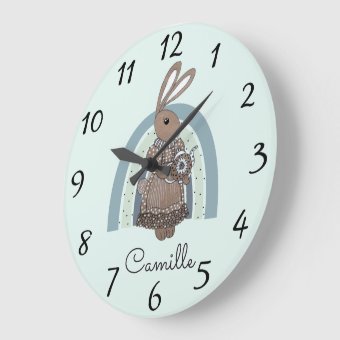 Personalized Bunny Rainbow Blue Nursery Large Cloc Large Clock | Zazzle