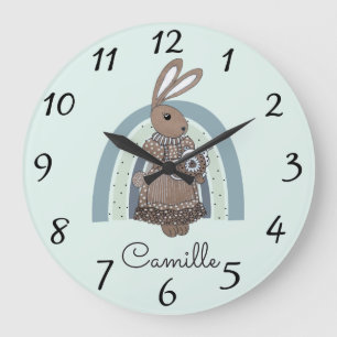Personalized Bunny Rainbow Blue Nursery Large Cloc Large Clock