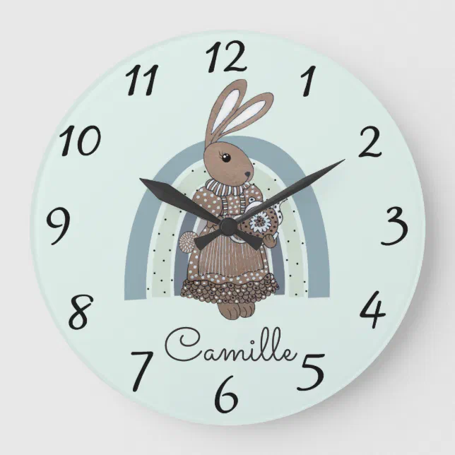 Personalized Bunny Rainbow Blue Nursery Large Cloc Large Clock | Zazzle