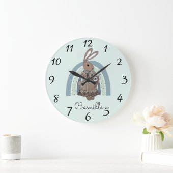 Personalized Bunny Rainbow Blue Nursery Large Cloc Large Clock | Zazzle