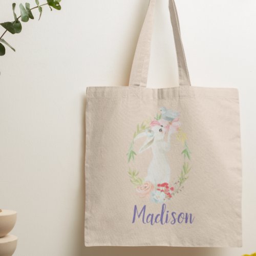 Personalized Bunny Wreath Floral Spring Easter Tote Bag