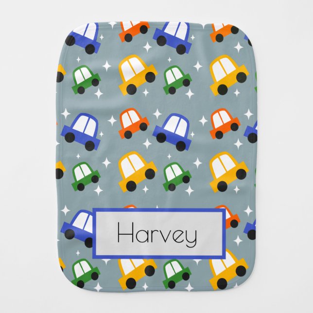 Personalized burb cloth with playful car pattern (Front)
