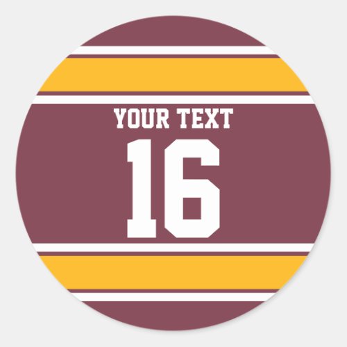 Personalized Burgundy and Gold Sport Stripes Classic Round Sticker