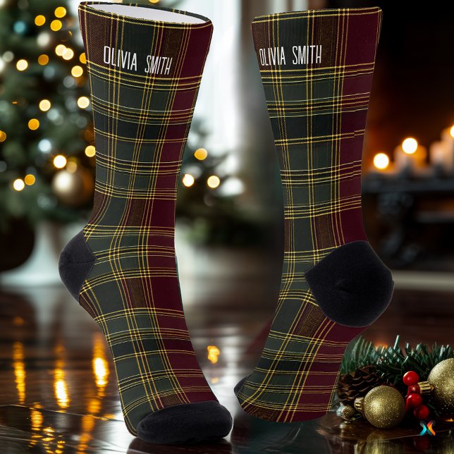 Personalized Burgundy and Gold Tartan Plaid Socks  (Creator Uploaded)