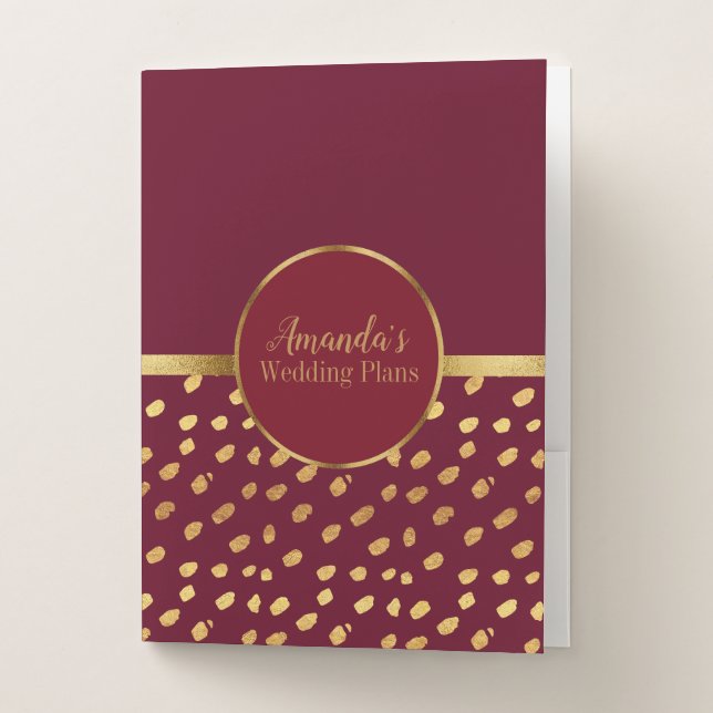 Personalized Burgundy and Gold Wedding Plans Pocket Folder (Front)