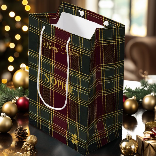 Personalized Burgundy and Green Plaid Christmas Medium Gift Bag (Creator Uploaded)