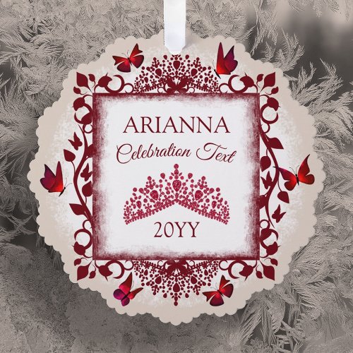 Personalized Burgundy &amp; Beige Butterflies &amp; Tiara Ornament Card