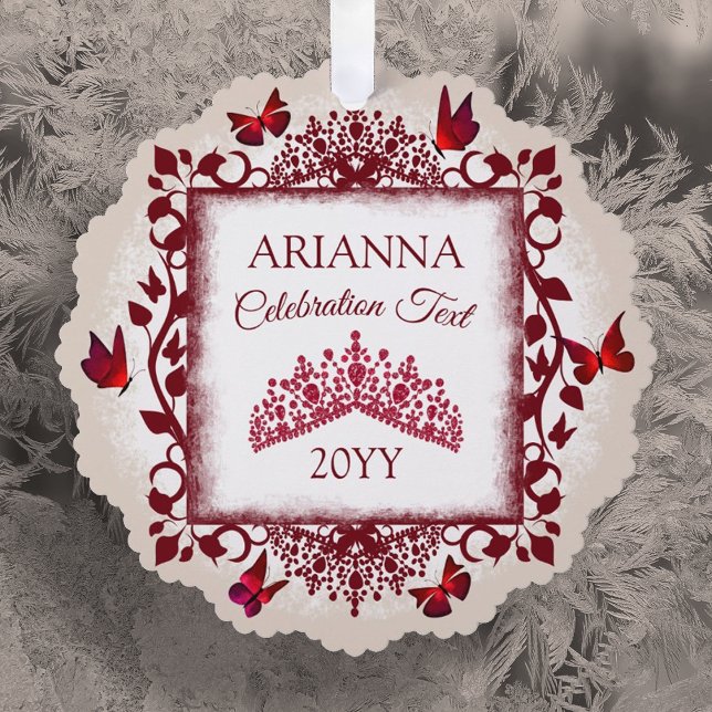 Personalized Burgundy & Beige Butterflies & Tiara Ornament Card (burgundy red tiara and butterflies christmas tree ornament with personalized message)